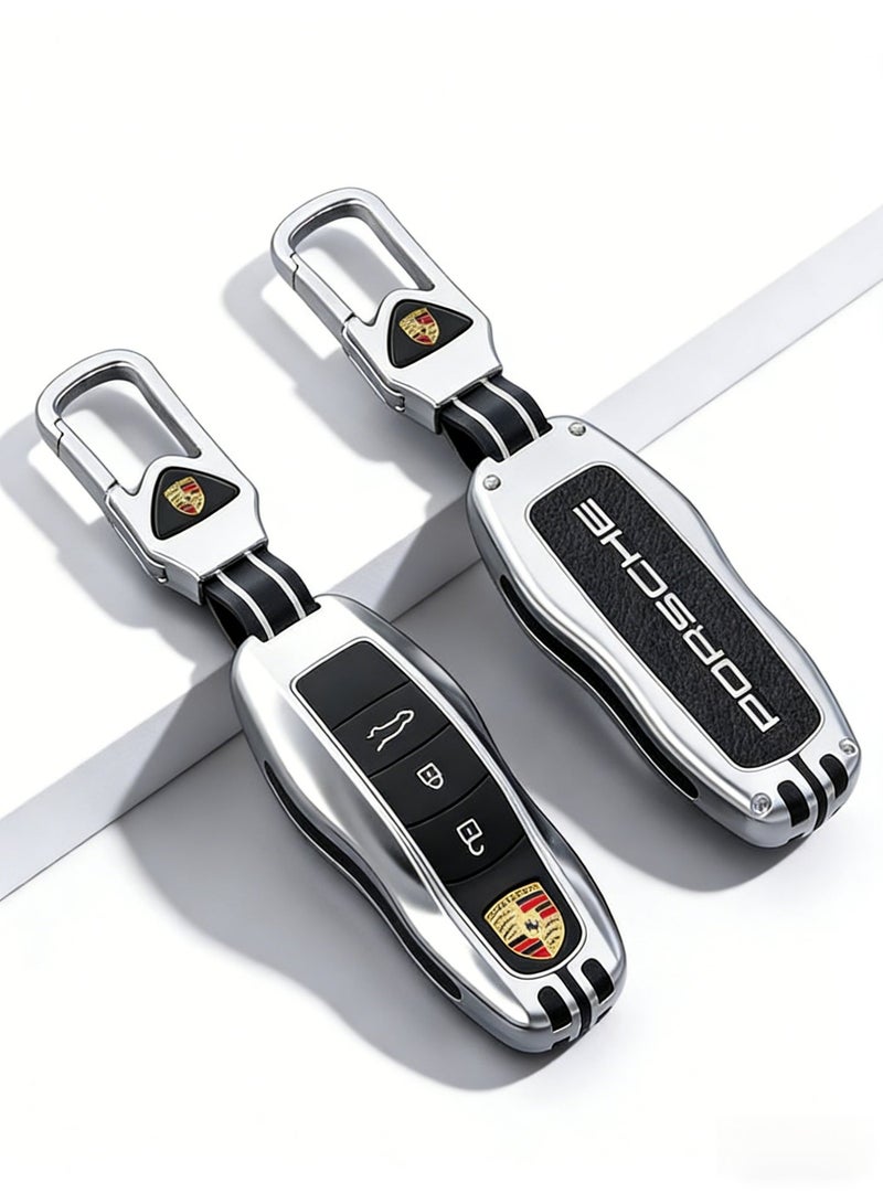 Porsche Silver & Black Premium Key Fob Case with Leather Strap & Logo Keychain – Compatible with Porsche Cayenne, Panamera, 911, 718 Models (please purchase according to your own key style) - Image 3